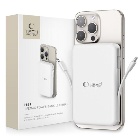 Powerbank magnetyczny PB31 10000mAh 15W MagSafe z kablami USB-C iPhone Lightning - biały