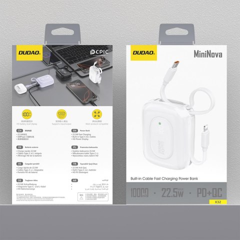 Powerbank K32 10000 mAh z wbudowanym kablem USB-C iPhone Lightning 22.5W - biały
