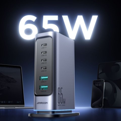 Stacja ładująca JR-TCM02 2x USB-A 4x USB-C GaN 65W wtyczka UK - szara