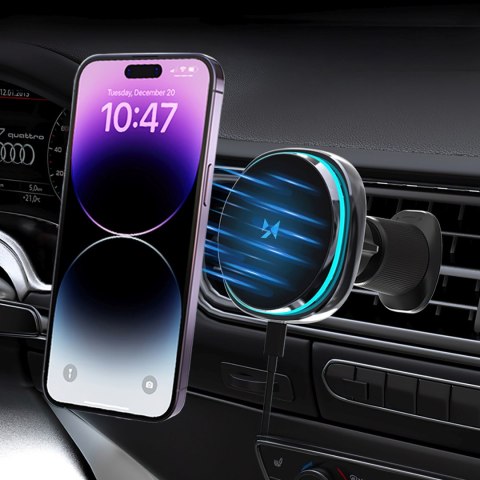 Uchwyt samochodowy z ładowarką indukcyjną wentylatorem do telefonu na kratkę nawiewu Qi MagSafe 15W