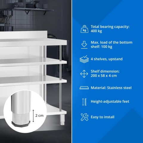 Stół blat barowy roboczy gastronomiczny z rantem 4 półki STAL 200 x 60 x 105 cm