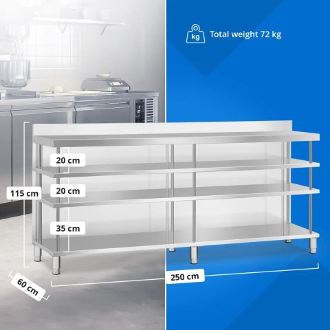 Stół blat barowy roboczy gastronomiczny z rantem 4 półki STAL 250 x 60 x 105 cm