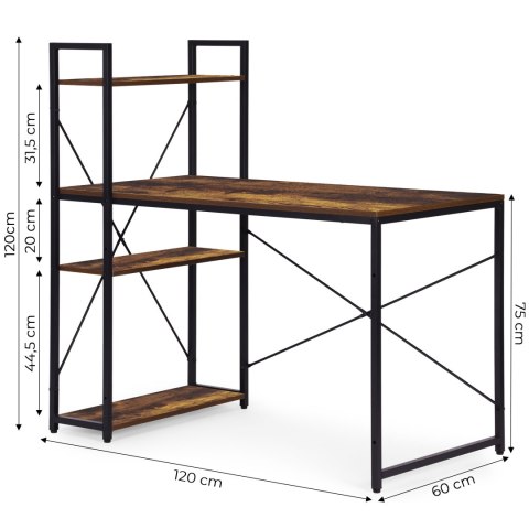 Biurko komputerowe szkolne 120x60 cm regał z 3 półkami loft ModernHome